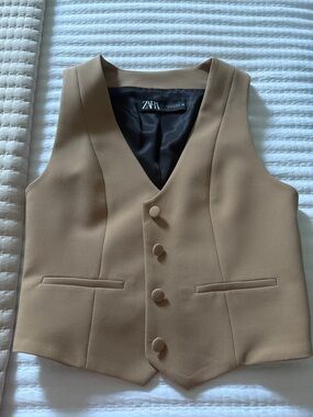 ZARA Tan Beige Button-Front Tailored Suit VEST khaki sz S